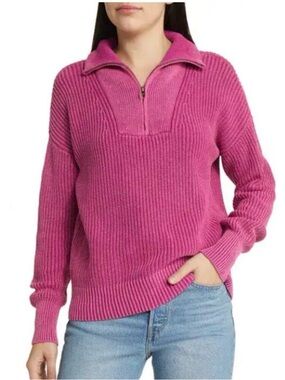 Faherty Sunwashed Mariner 1/4 Zip 100% Cotton Sweater Festival Fushia Pink Small